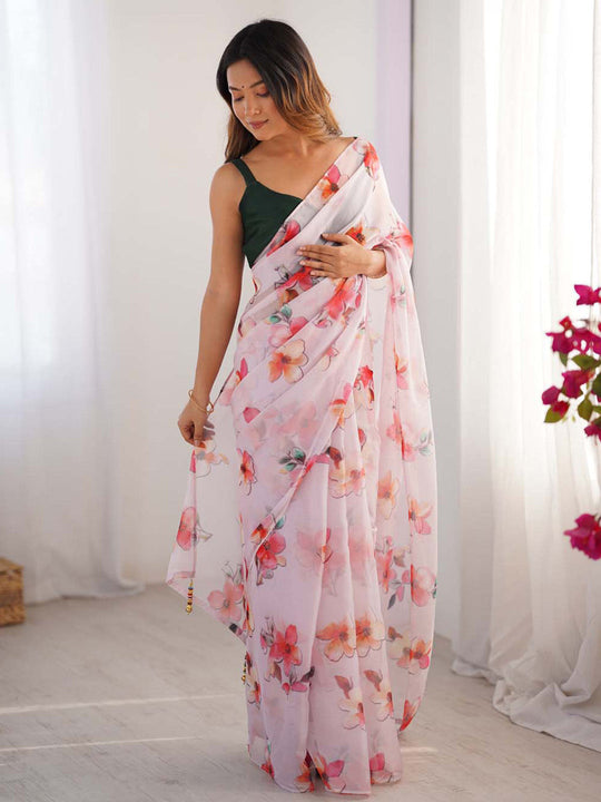 Multicolor Floral Printed Organza Saree With Blouse Piece