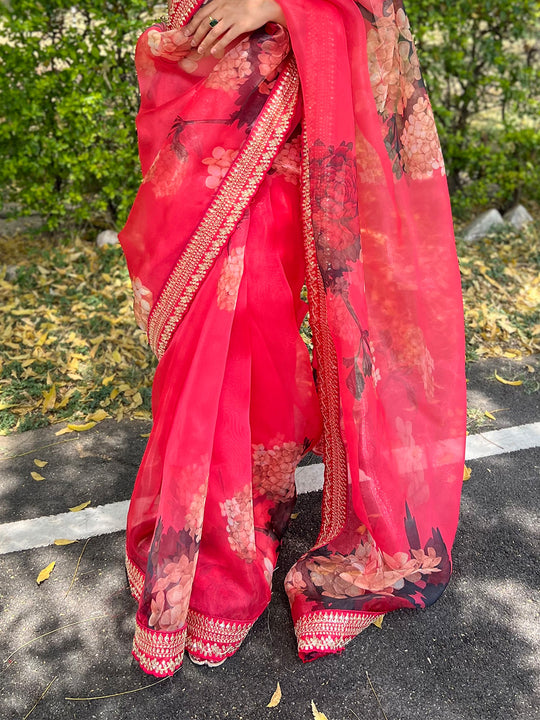 Red Organza Saree With Blouse Piece