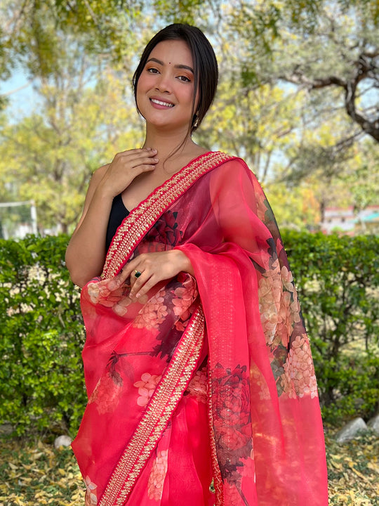Red Organza Saree With Blouse Piece