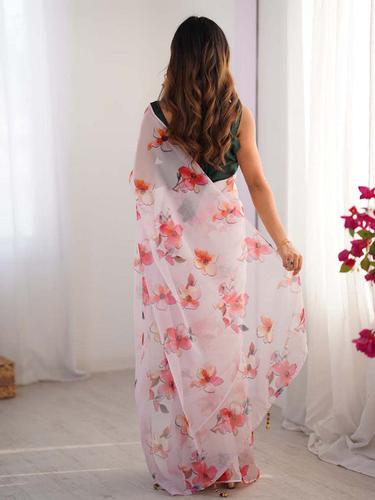 Multicolor Floral Printed Organza Saree With Blouse Piece