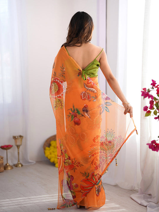 Orange Floral Printed Organza Saree With Blouse Piece