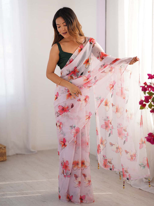 Multicolor Floral Printed Organza Saree With Blouse Piece