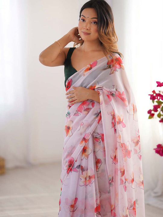Multicolor Floral Printed Organza Saree With Blouse Piece