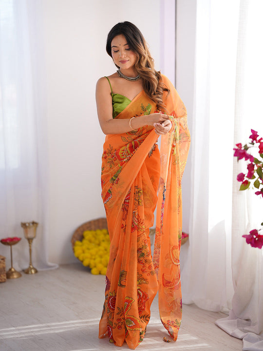 Orange Floral Printed Organza Saree With Blouse Piece