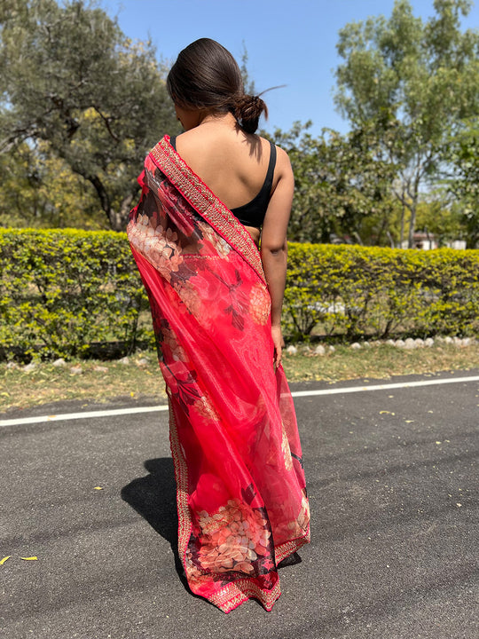Red Organza Saree With Blouse Piece