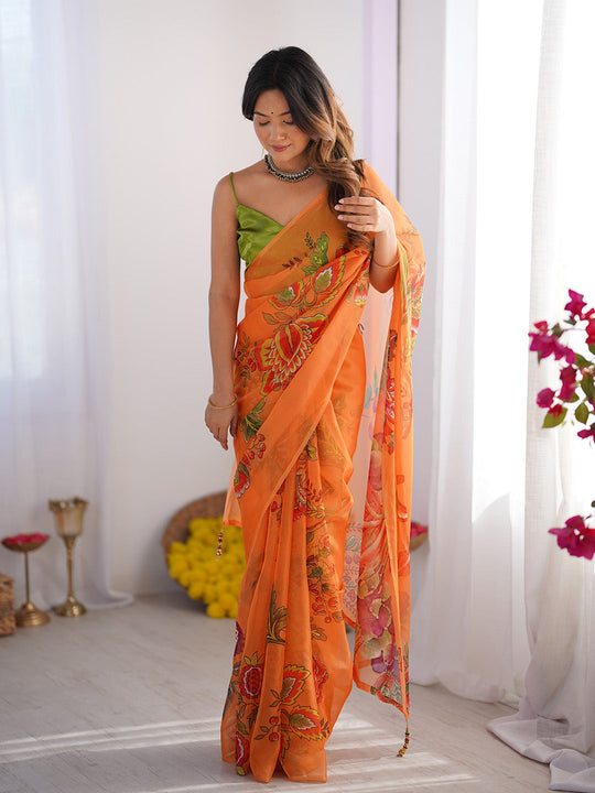 Orange Floral Printed Organza Saree With Blouse Piece