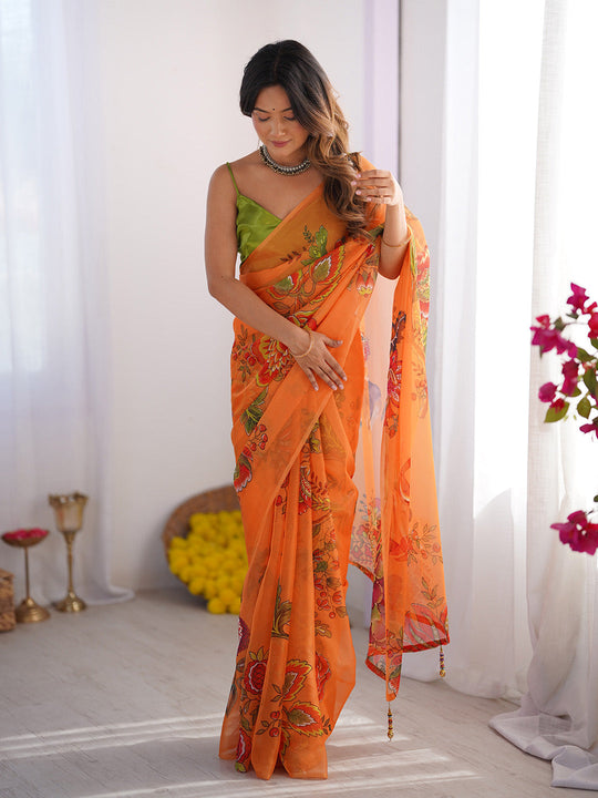 Orange Floral Printed Organza Saree With Blouse Piece
