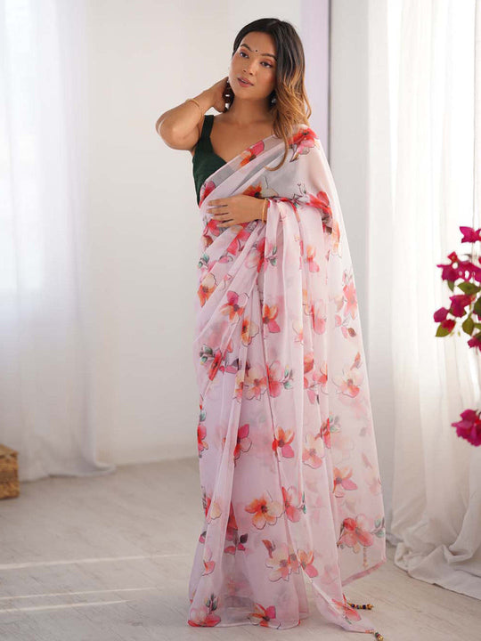 Multicolor Floral Printed Organza Saree With Blouse Piece