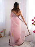 Pink Embellished Sequinned Organza Saree With Blouse Piece