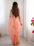Peach Printed Organza Saree With Blouse Piece