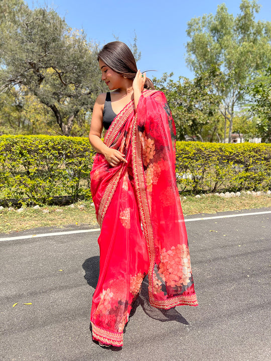 Red Organza Saree With Blouse Piece