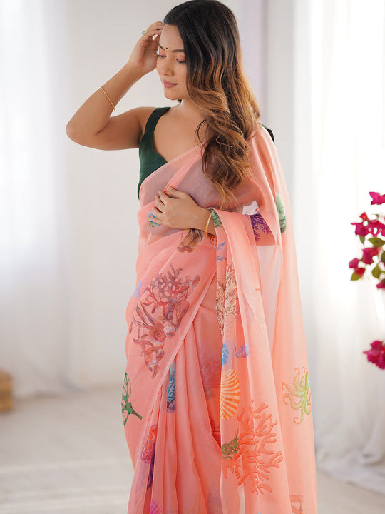 Peach Printed Organza Saree With Blouse Piece