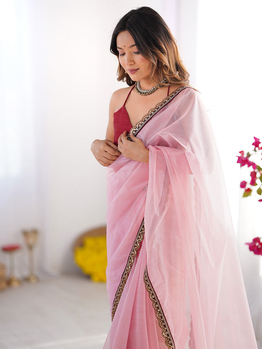 Pink Embellished Sequinned Organza Saree With Blouse Piece