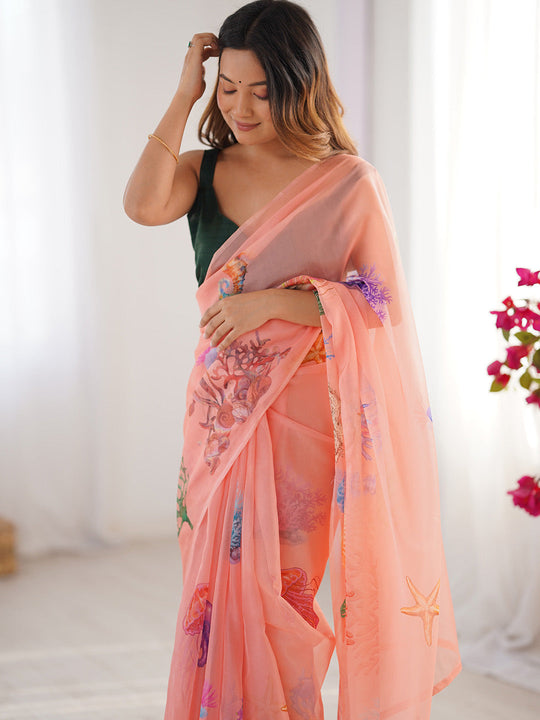 Peach Printed Organza Saree With Blouse Piece