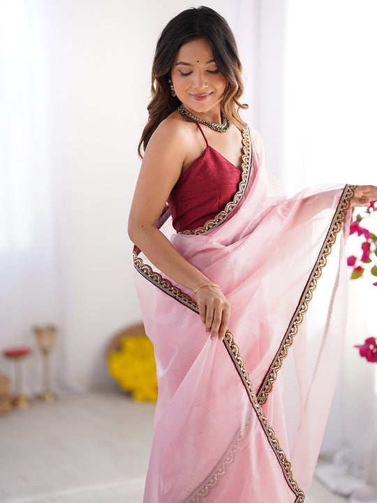 Pink Embellished Sequinned Organza Saree With Blouse Piece