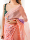 Peach Printed Organza Saree With Blouse Piece