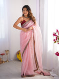 Pink Embellished Sequinned Organza Saree With Blouse Piece