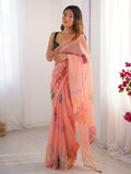 Peach Printed Organza Saree With Blouse Piece