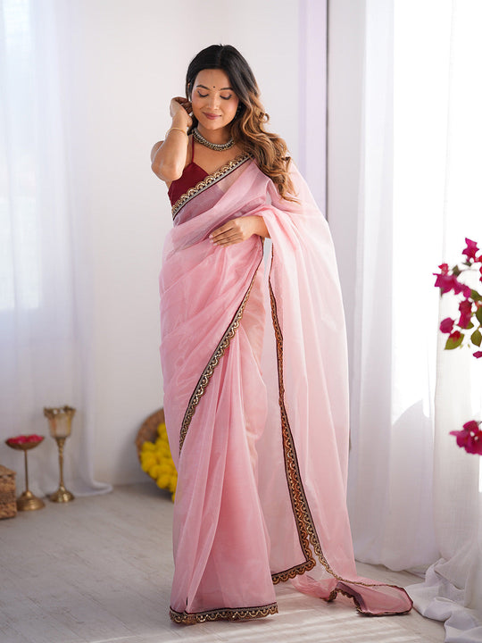 Pink Embellished Sequinned Organza Saree With Blouse Piece