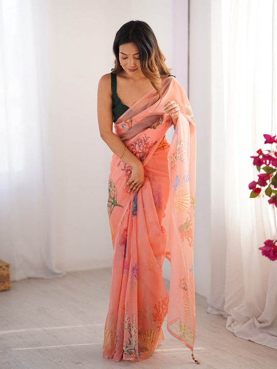 Peach Printed Organza Saree With Blouse Piece