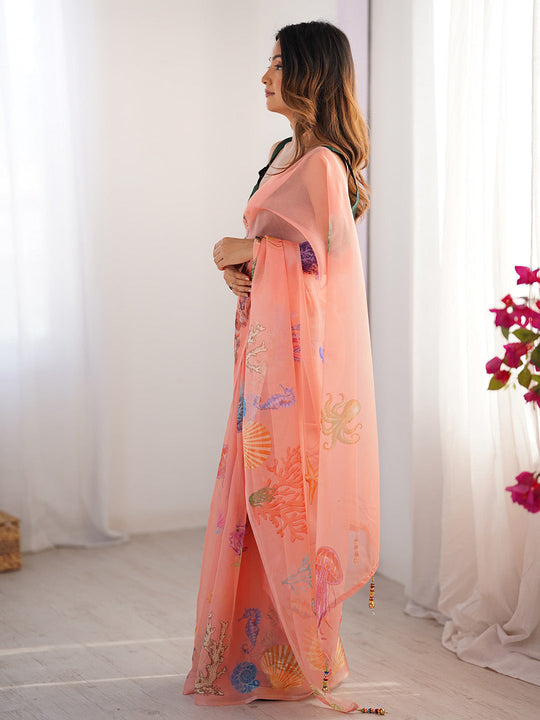 Peach Printed Organza Saree With Blouse Piece