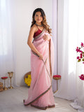 Pink Embellished Sequinned Organza Saree With Blouse Piece