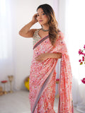 Peach Floral Printed Chiffon Saree With Blouse Piece