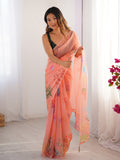 Peach Printed Organza Saree With Blouse Piece