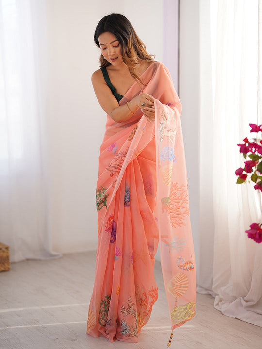 Peach Printed Organza Saree With Blouse Piece