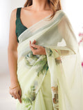 Sea Green Printed Organza Saree With Blouse Piece