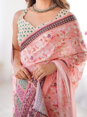 Peach Floral Printed Chiffon Saree With Blouse Piece