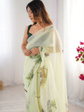 Sea Green Printed Organza Saree With Blouse Piece