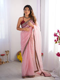 Pink Embellished Sequinned Organza Saree With Blouse Piece