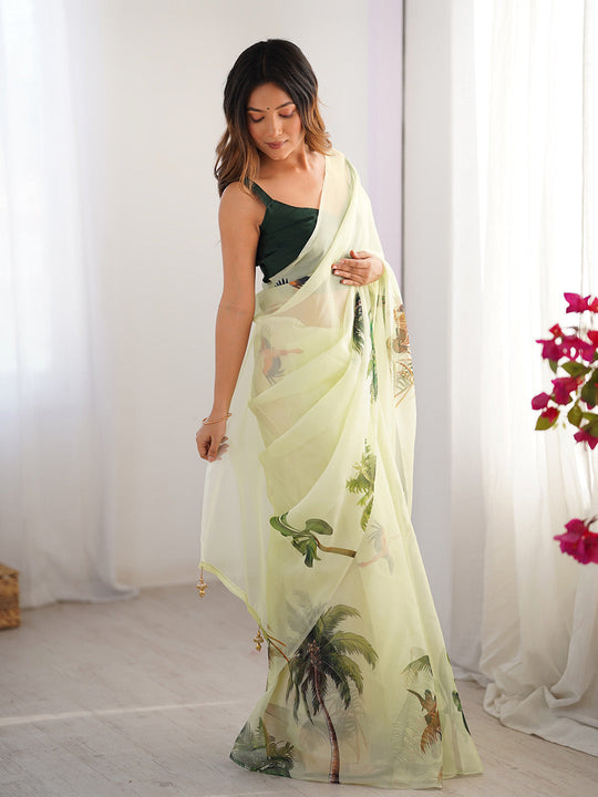 Sea Green Printed Organza Saree With Blouse Piece