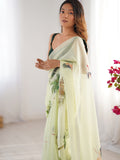 Sea Green Printed Organza Saree With Blouse Piece