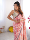 Peach Floral Printed Chiffon Saree With Blouse Piece