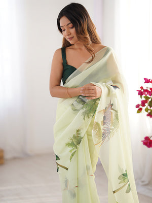 Sea Green Printed Organza Saree With Blouse Piece