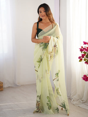 Sea Green Printed Organza Saree With Blouse Piece
