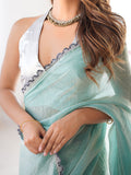 Turquoise Blue Embellished Sequinned Organza Saree With Blouse Piece