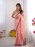 Peach Floral Printed Chiffon Saree With Blouse Piece
