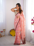 Peach Floral Printed Chiffon Saree With Blouse Piece