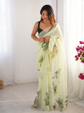 Sea Green Printed Organza Saree With Blouse Piece