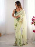 Sea Green Printed Organza Saree With Blouse Piece