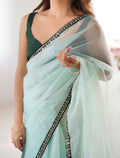 Sea Green Sequinned Solid Organza Saree With Blouse Piece