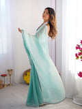 Turquoise Blue Embellished Sequinned Organza Saree With Blouse Piece