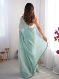 Turquoise Blue Embellished Sequinned Organza Saree With Blouse Piece