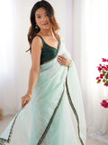 Sea Green Sequinned Solid Organza Saree With Blouse Piece