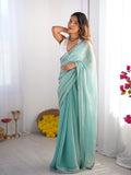 Turquoise Blue Embellished Sequinned Organza Saree With Blouse Piece