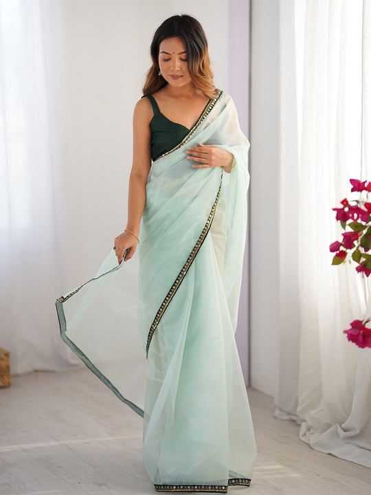 Sea Green Sequinned Solid Organza Saree With Blouse Piece