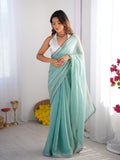 Turquoise Blue Embellished Sequinned Organza Saree With Blouse Piece